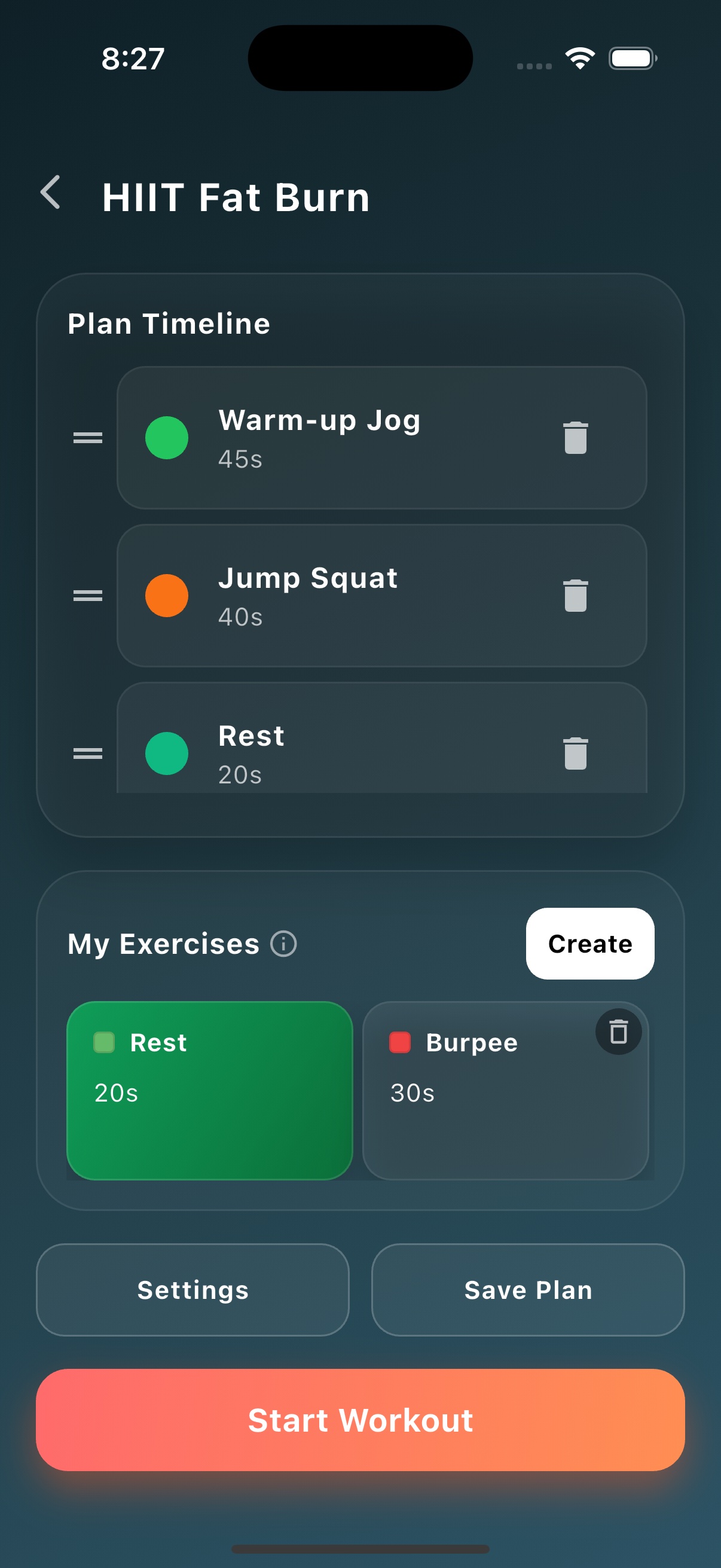 GymClock plan editor screen preview