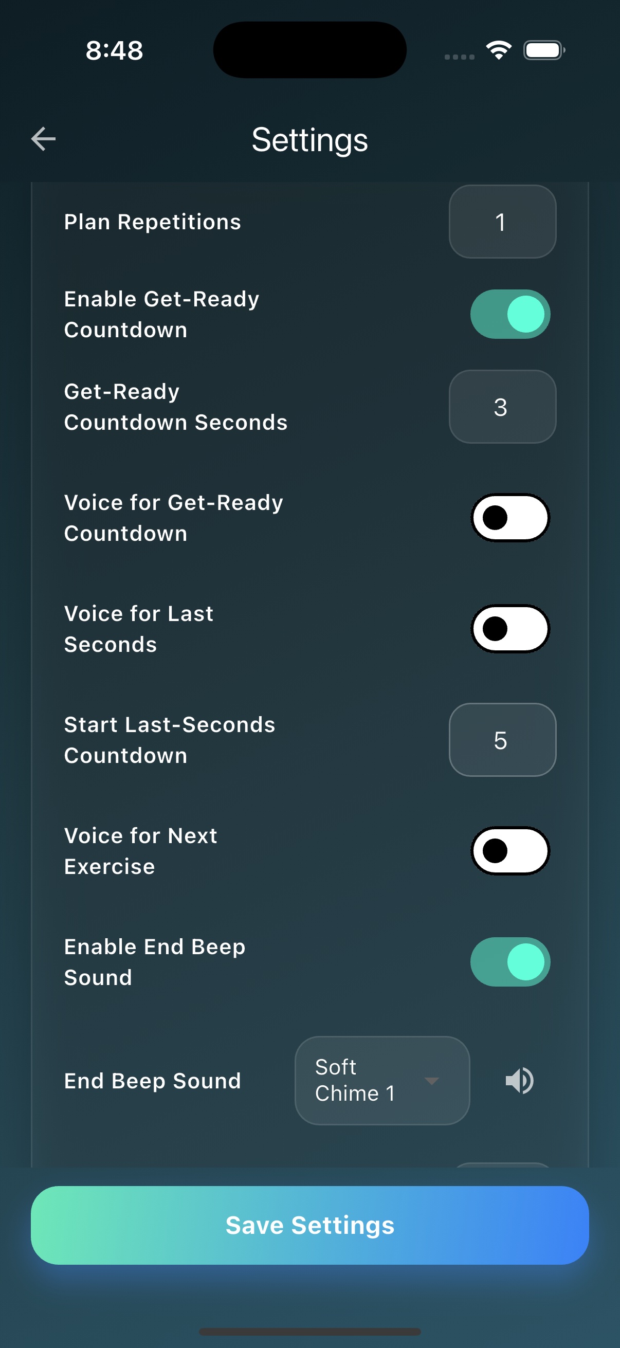 GymClock settings screen preview